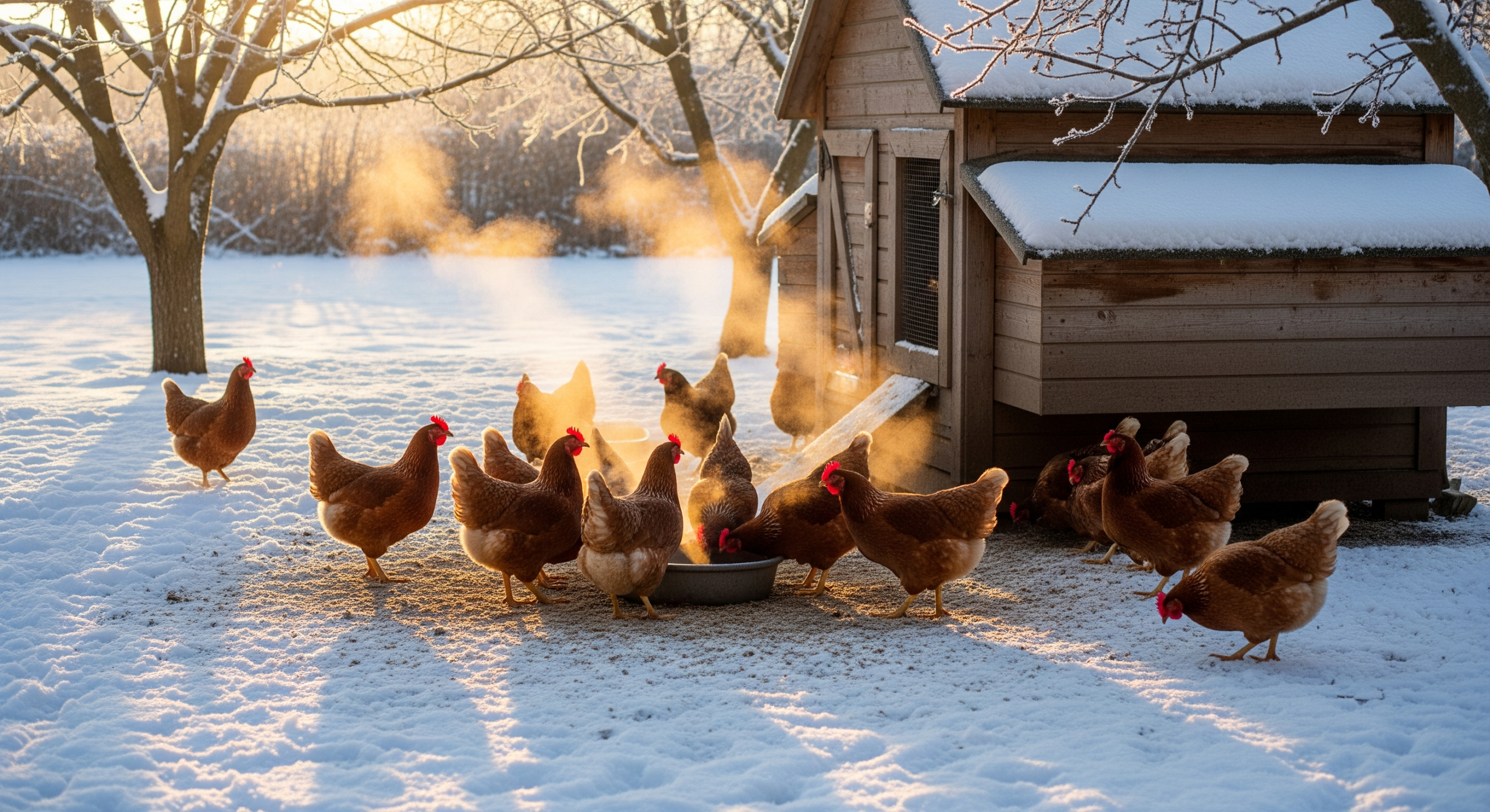 backyard chickens drinking from water bowl in winter snow