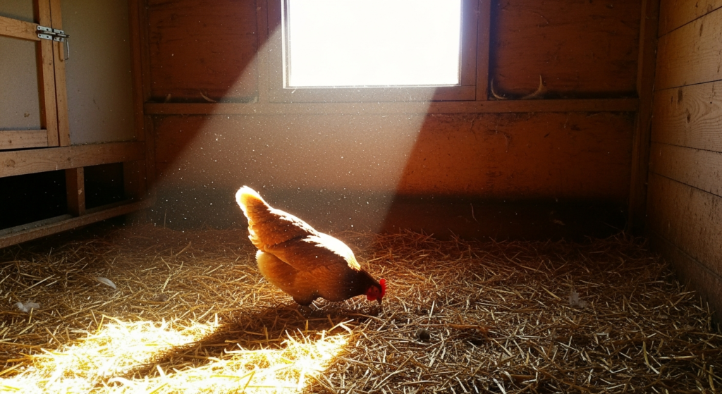 Chicken scratching in straw bedding inside a coop.